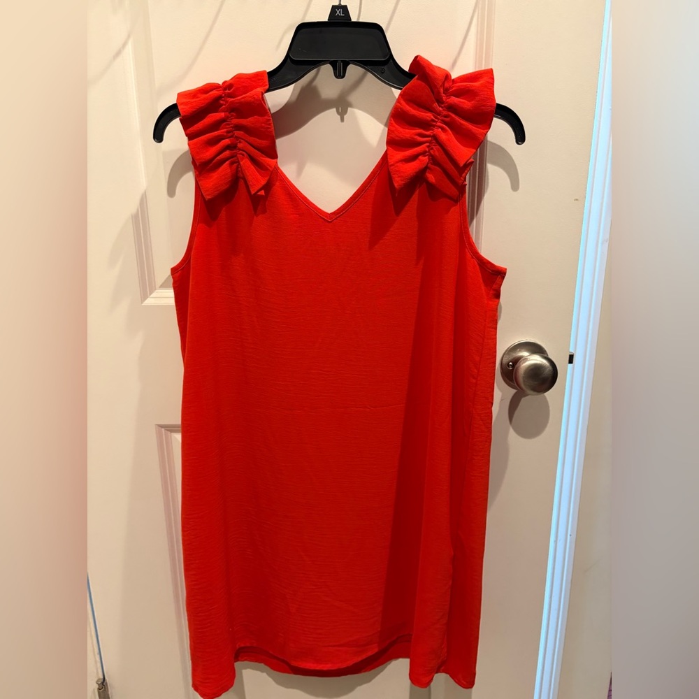 Versona Red Ruffle Shoulder V-Neck Dress - Picture 2 of 4